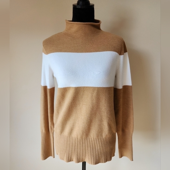 French Connection Tand and white Color Block Sweater Women's Size M. - Picture 1 of 7